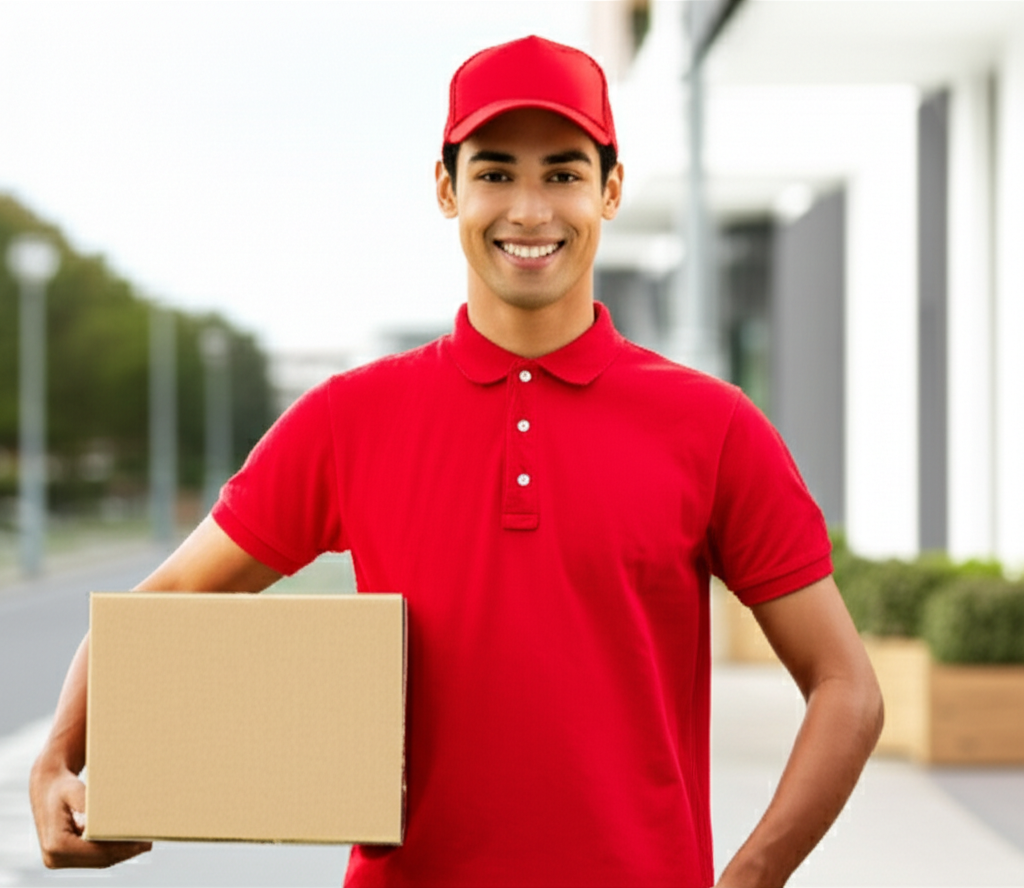 Delivery person in red uniform